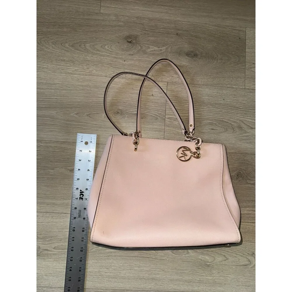 Michael Kors Blush Pink Saffiano Structured Tote Satchel MK Charm Gold Tone